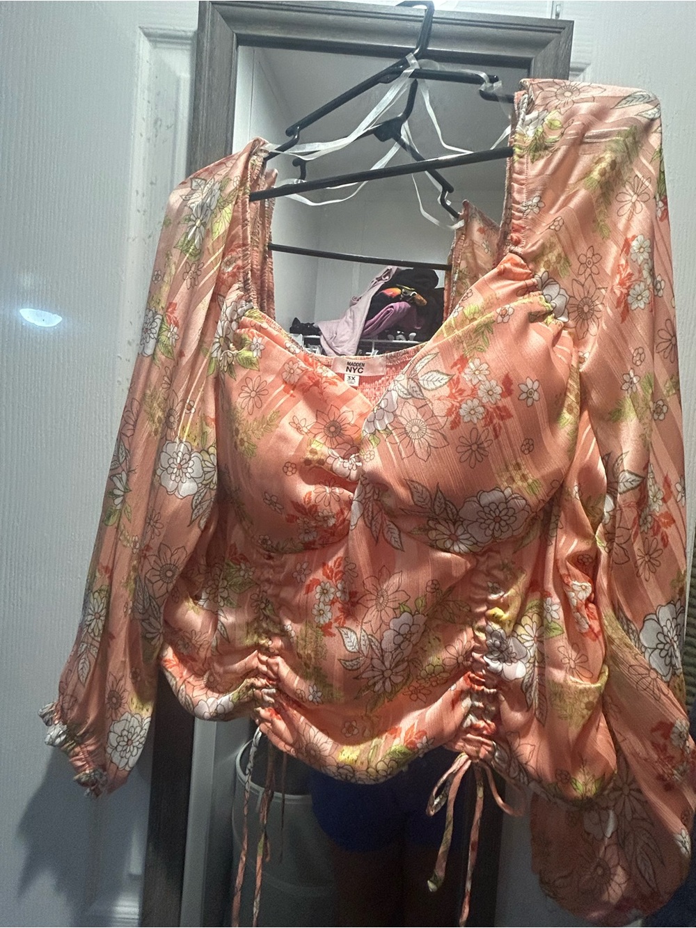 NYC Peach Floral Satin Ruched Tie-Front Blouse